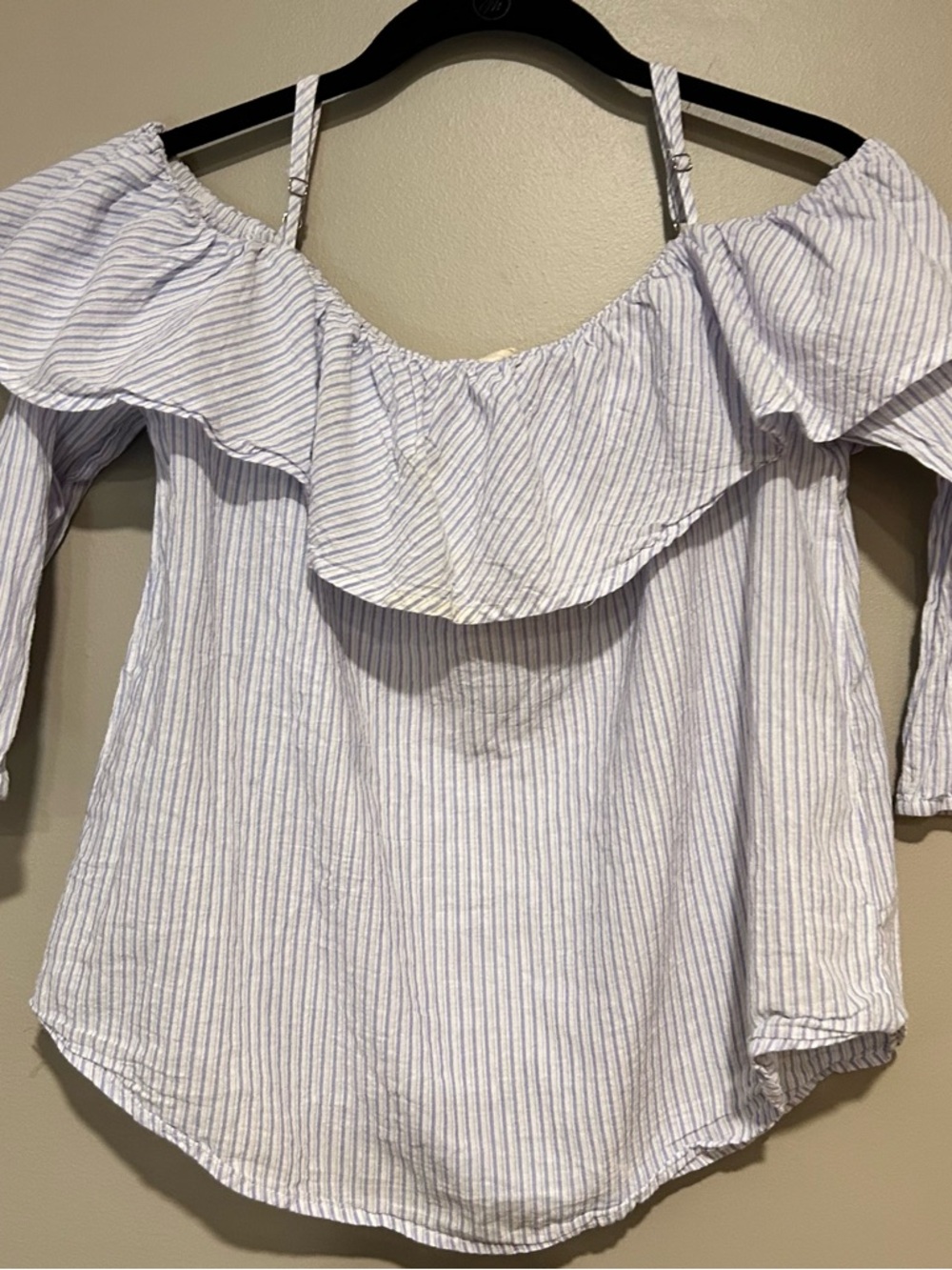 Sweet Wanderer White and Light Blue Striped Off-Shoulder Ruffle Top
